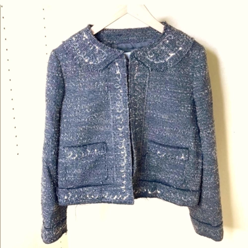 MOSHINO Vintage Tweed Sequin Trimmed Grey Silver Boucle Blazer Jacket Si…